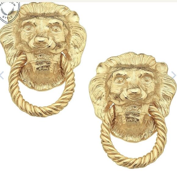 Gold Lion Head Earrings - Picture 1 of 3